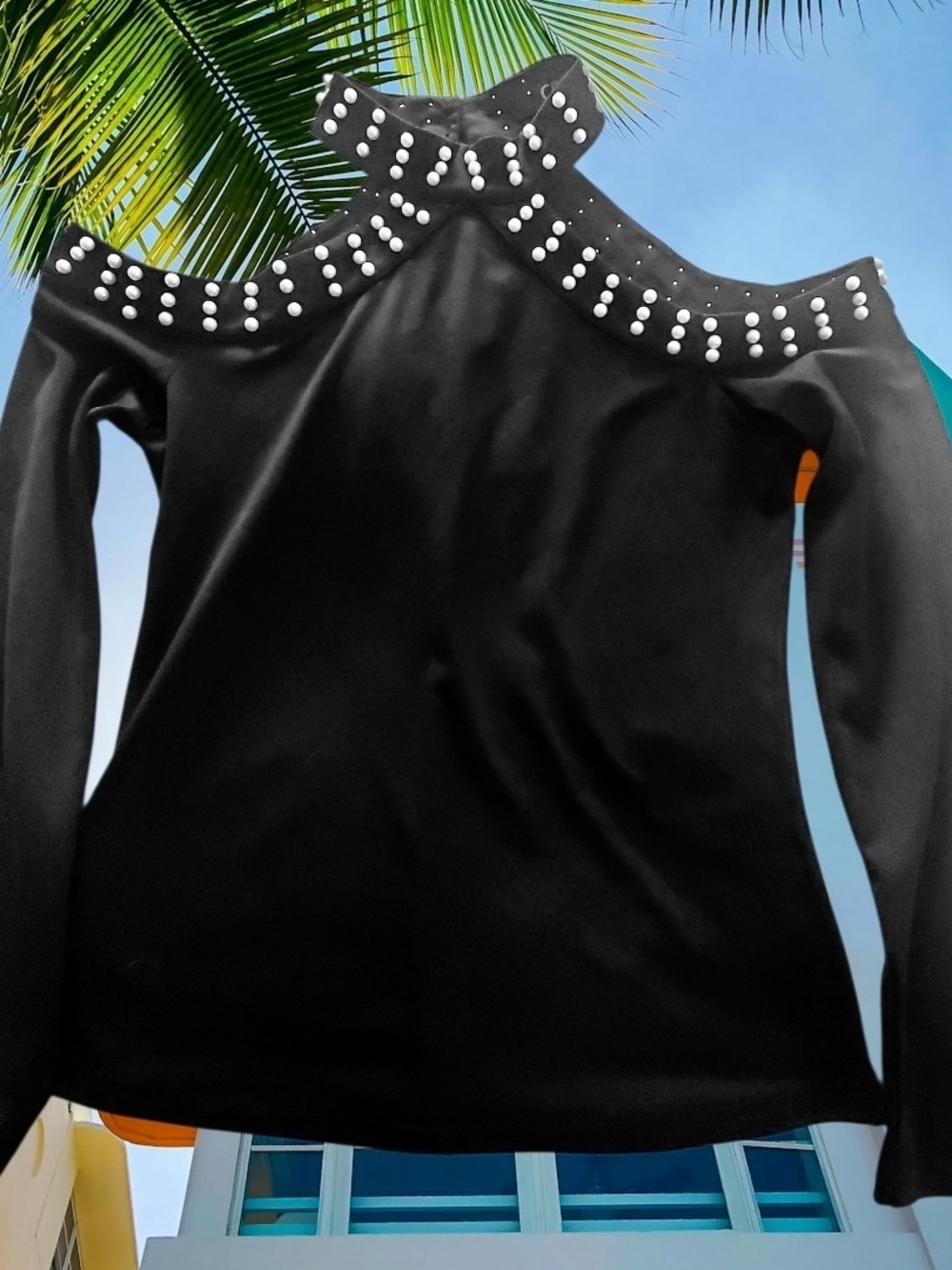 Black Cold-Shoulder Top with Faux Pearl Trim